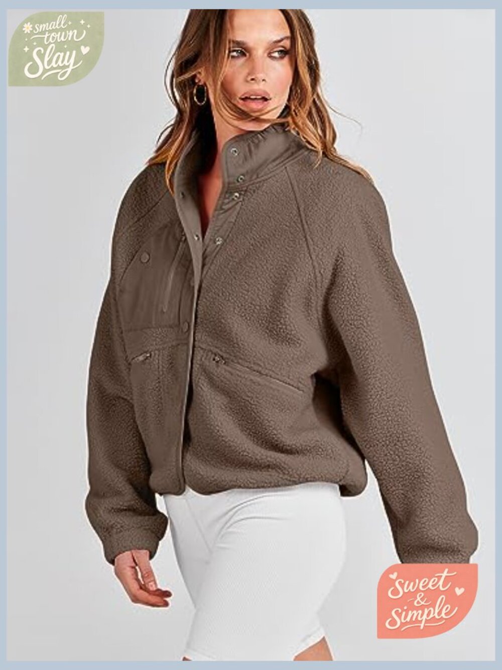 Womens Fuzzy Fleece Cropped Shacket with Pockets Long Sleeve Button Down Sherpa - Picture 5 of 7